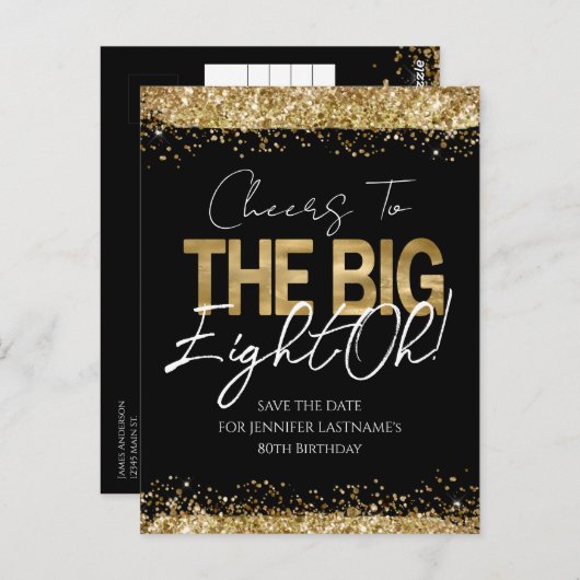 80ste verjaardag Goud Zwart Save the Date Postkaar Briefkaart (Voorkant / Achterkant)