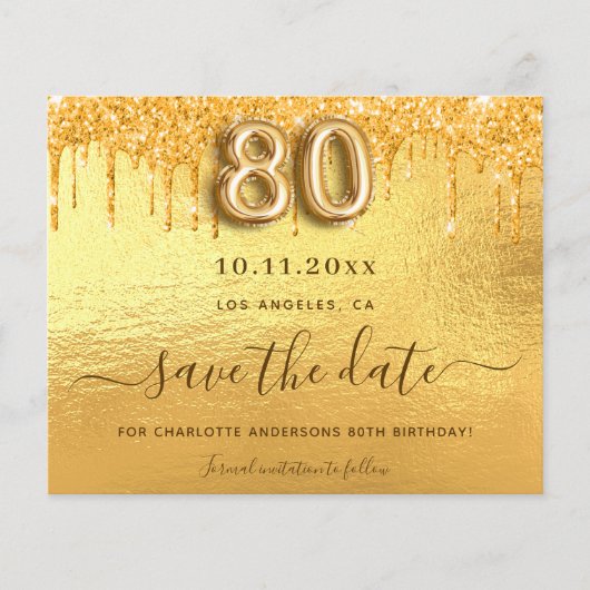 80ste verjaardag gouden glitters save the date kaa (Voorkant)