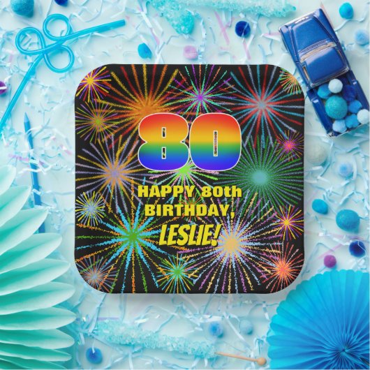 80ste verjaardag: kleurrijk, gevierd vuurwerk papieren bordje (Feest)