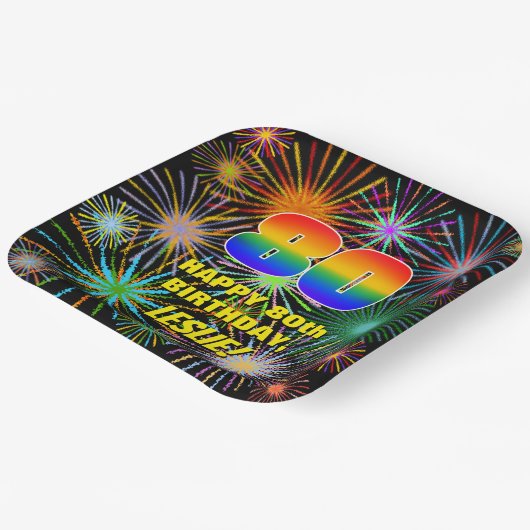 80ste verjaardag: kleurrijk, gevierd vuurwerk papieren bordje (Gebogen)