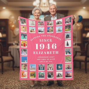 80ste verjaardag Moeder Familie Fotocollage Roze Fleece Deken