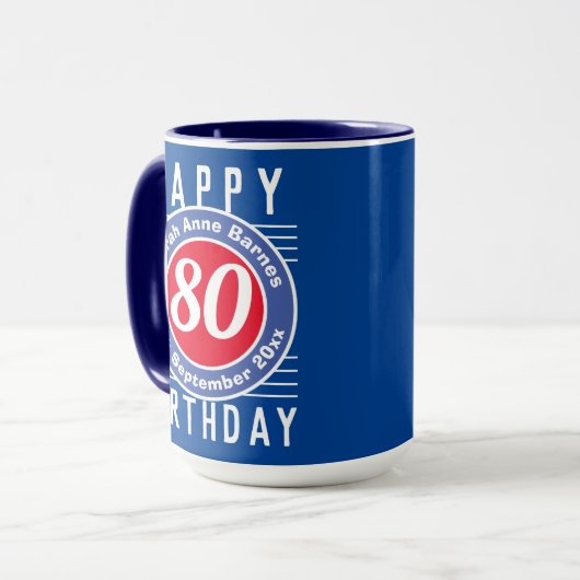 80ste Verjaardag Mok met Leeftijd, Naam, & Datum (Voorkant links)