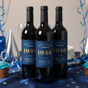 80ste verjaardag Naam 1946 Blauwe Gouden Elegante  Wijn Etiket