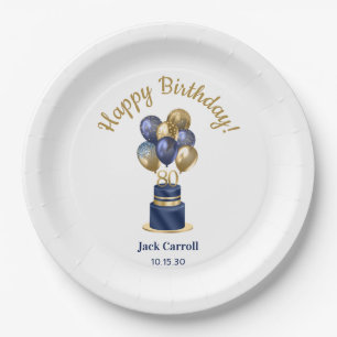 80ste verjaardag Navy Blauwe Ballon Cake Papieren Bordje