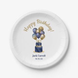 80ste verjaardag Navy Blauwe Ballon Cake Papieren Bordje