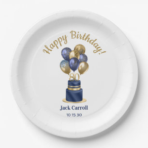 80ste verjaardag Navy Blauwe Ballon Cake Papieren Bordje