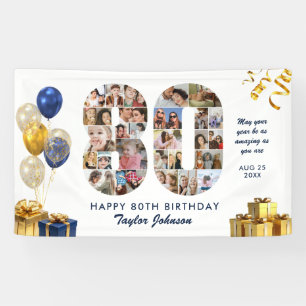 80ste Verjaardag Nummer 80 Fotocollage Wit Goud Spandoek
