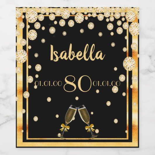80ste verjaardag op stijlvolle zwarte gouddiamante wijn etiket (Enkel label)