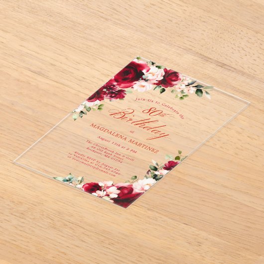 80ste verjaardag Red Rose Pink Peony Floral Acryl Uitnodigingen (Laagn)