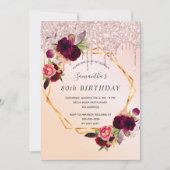 80ste verjaardag roos goud glitter burgundy floral kaart (Voorkant)