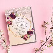 80ste verjaardag roos goud glitter burgundy floral kaart