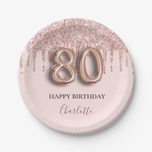 80ste verjaardag roos gouden glitter roze ballonst papieren bordje (Voorkant)