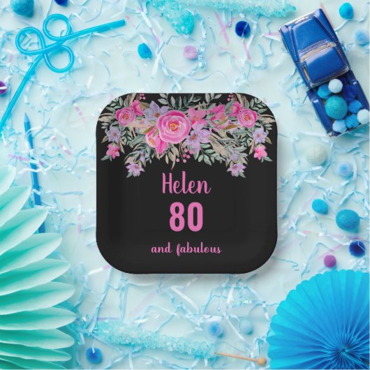 80ste verjaardag roze zwart waterverf bloemenkleur papieren bordje (Feest)