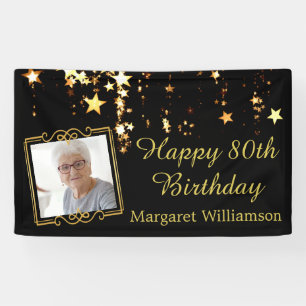 80ste verjaardag script Black Gold Stars Fotonaam Spandoek