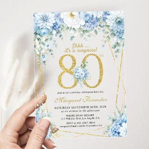 80ste verjaardag Stofblauw bloem goud kader Chic Acryl Uitnodigingen