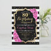80ste verjaardag uitnodiging roze zwart wit strepe (Staand voorkant)