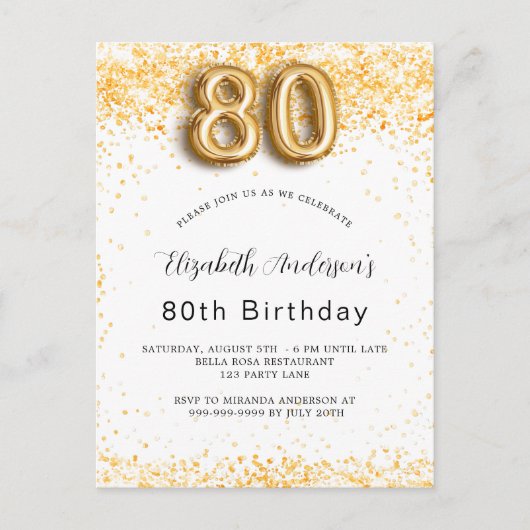 80ste verjaardag wit goud glitters elegant uitnodiging briefkaart (Voorkant)