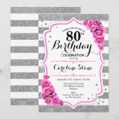 80ste verjaardag - zilveren witte strepen roze roz kaart (Voorkant / Achterkant)