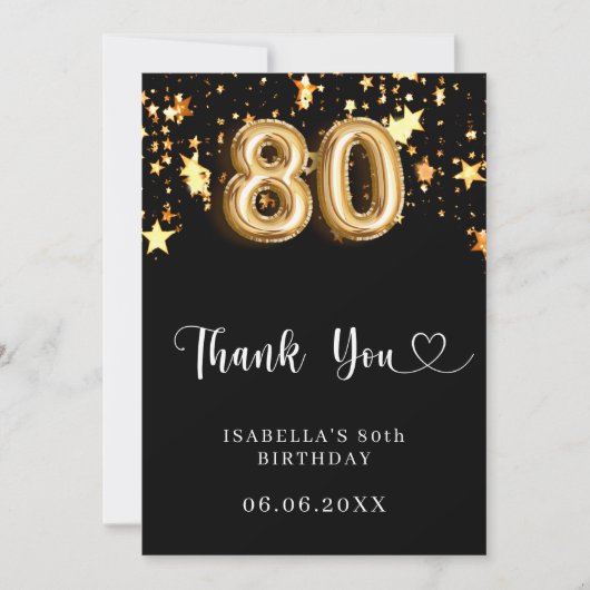 80ste verjaardag zwart gouden sterren bedankkaart (Voorkant)