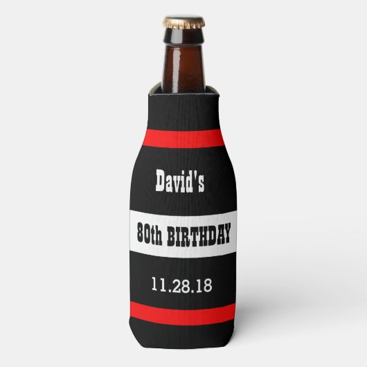 80ste Verjaardag Zwart met Rood Lijst Custom A08A Flesjeskoeler (Fles Voorkant)