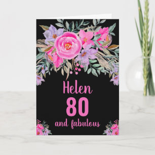 80ste verjaardag zwart roze waterverf bloemkaart kaart