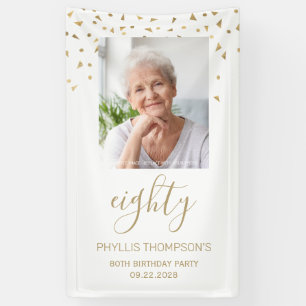80ste verjaardagsfeest Foto Gouden Confetti Wit Spandoek
