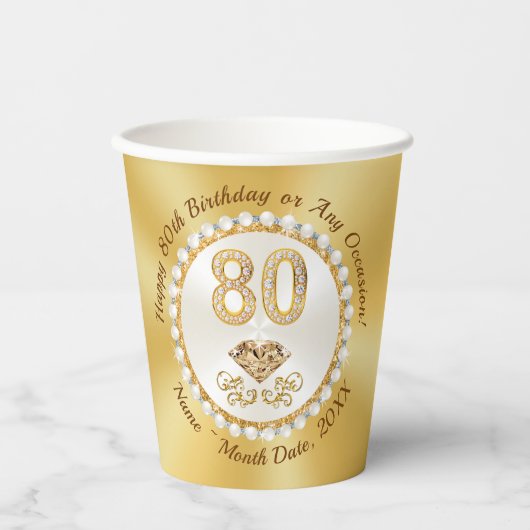 80ste verjaardagsfeestbekers, ivoren parels, goud, papieren bekers (Voorkant)
