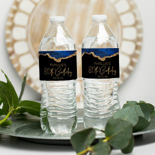 80ste verjaardagsfeestje Navy Blue Goud Agat Waterfles Etiket
