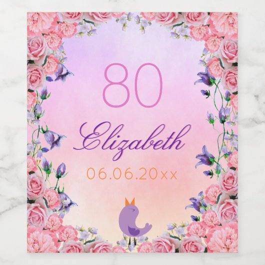 80ste verjaardagsfeestje roze violette bloemen wijn etiket (Enkel label)