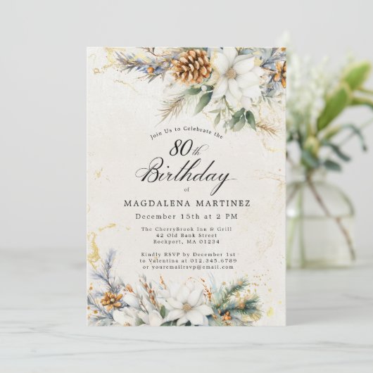80ste verjaardagsfeestje Winter Witte Bloemige Gro Kaart (Staand voorkant)