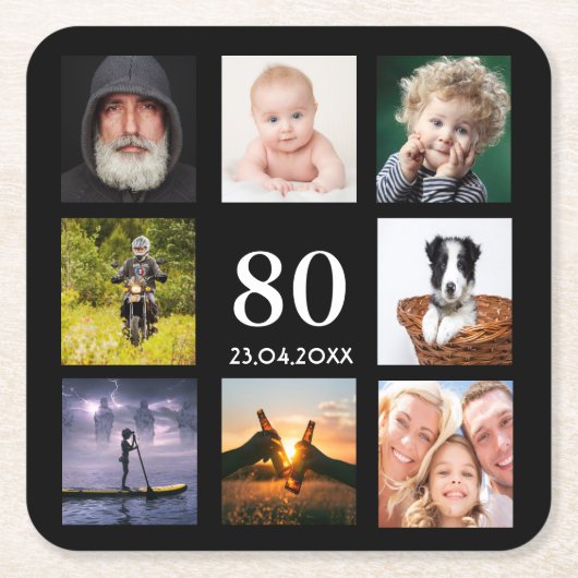 80ste verpartij feest foto collage man zwart vierkante kartonnen onderzetter (Voorkant)