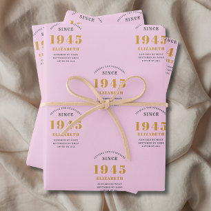 80th Birthday 1945 Voeg naam toe Pink Grey Inpakpapier Vel