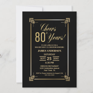 80th Birthday Black and Gold Party Invitation Kaart