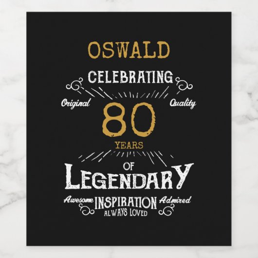 80th Birthday Black Gold Legendary Funny Wine La Wijn Etiket (Enkel label)