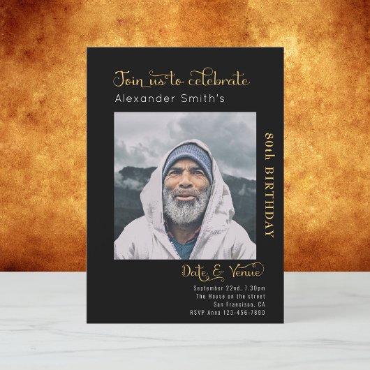 80th Birthday Black Invitation Kaart