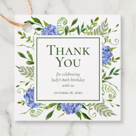 80th Birthday Blue Hydrangeas Dank u Bedankjes Labels (Voorkant)