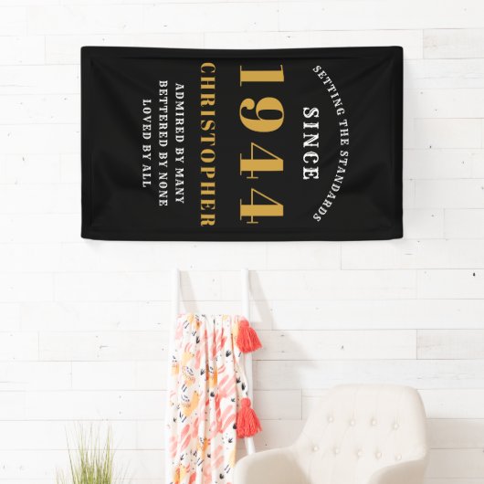 80th Birthday Born 1944 Naam toevoegen Zwart Goud Spandoek (Insitu)