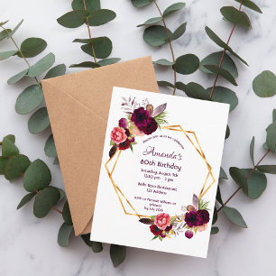 80th birthday burgundy floral gold invitation