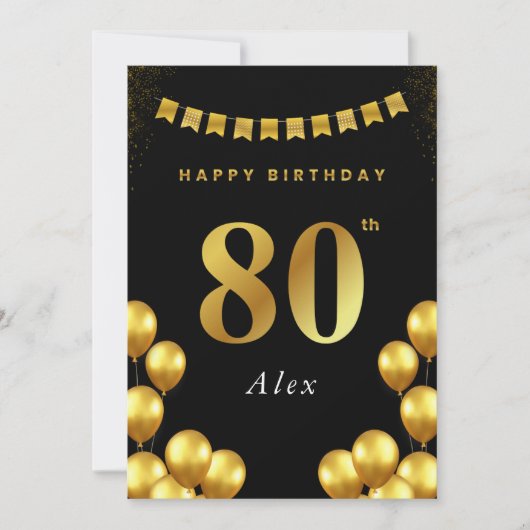 80th Birthday Card Black and Gold Balloons Kaart (Voorkant)
