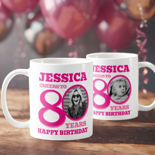 80th Birthday dubbelzijdige foto naam roze tekst Koffiemok
