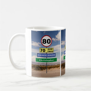 80th Birthday Funny Road Trip Signs Voeg Jouw naam Koffiemok