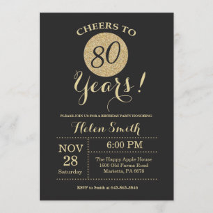 80th Birthday Invitation Black en Gold Glitter Kaart