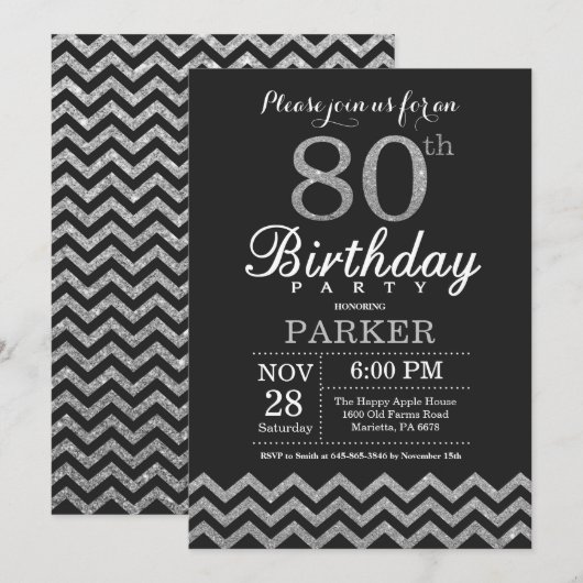 80th Birthday Invitation Black en Silver Glitter Kaart (Voorkant / Achterkant)