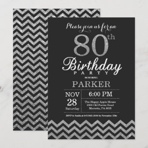 80th Birthday Invitation Black en Silver Glitter Kaart