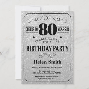 80th Birthday Invitation Black en Silver Glitter Kaart