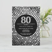 80th Birthday Invitation Black en Silver Glitter Kaart (Staand voorkant)