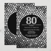 80th Birthday Invitation Black en Silver Glitter Kaart (Voorkant / Achterkant)
