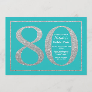 80th Birthday Invitation Blauwgroen en Silver Glit Kaart