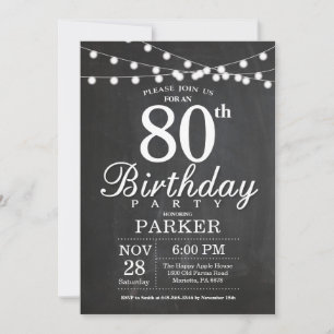 80th Birthday Invitation Chalkboard String Lights Kaart