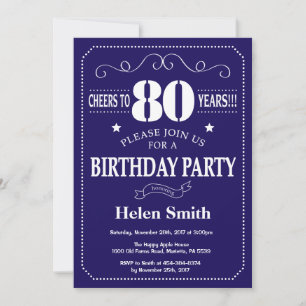80th Birthday Invitation Navy Blue and White Kaart